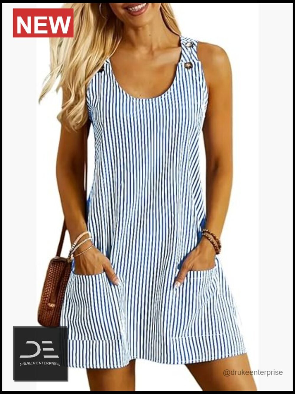 Sleeveless Summer Dress with Pockets U Neck Striped Mini Dress